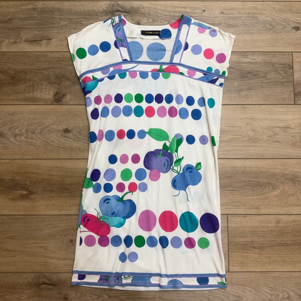 Vintage Leonard Paris Shift Dress Polka Dot Fruit Print Mod Retro Dopamine Dress